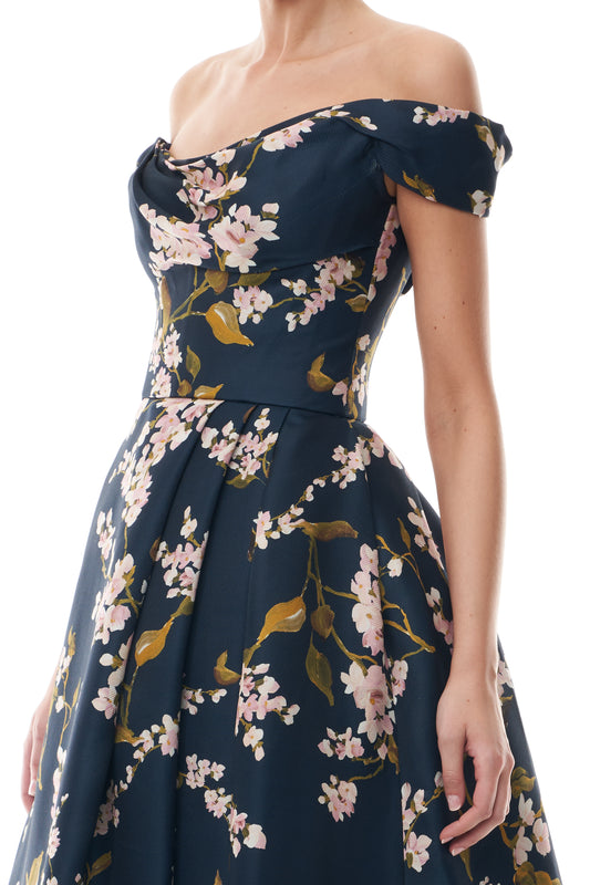 Monique Lhuillier Fall 2025 Ocean/Multi Wisteria Printed Gazar draped off-the-shoulder ballgown - fabric.