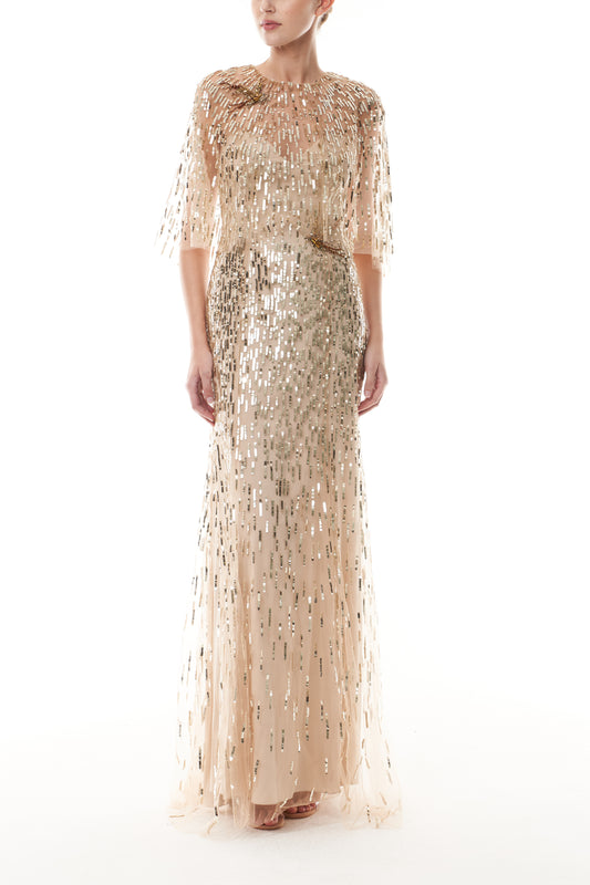 Monique Lhuillier Fall 2025 gold sequin embroidered tulle gown with integral capelet - front.