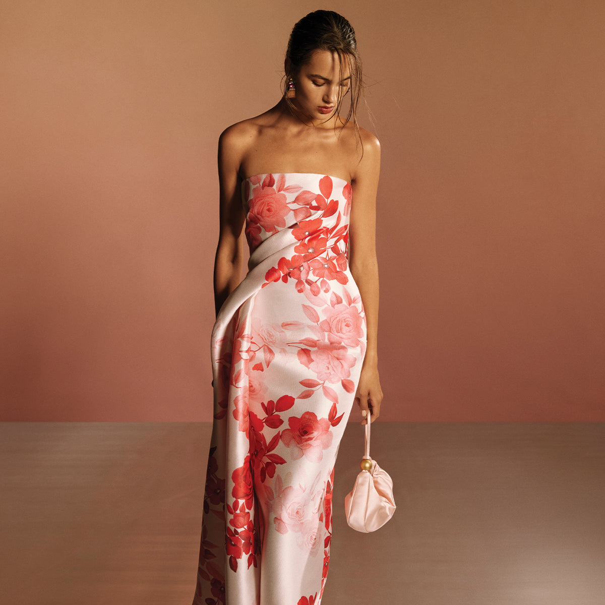 Monique Lhuillier Spring 2026 pink and white rose ombre printed satin strapless draped column gown - lookbook