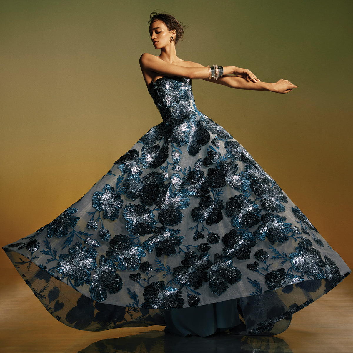Monique Lhuillier Spring 2026 -Lake/Multi Raffia Floral Embroidered Tulle strapless ballgown -lookbook
