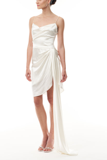 Silk white satin mini dress with asymmetric hem, side sweeping train and spaghetti straps - side.