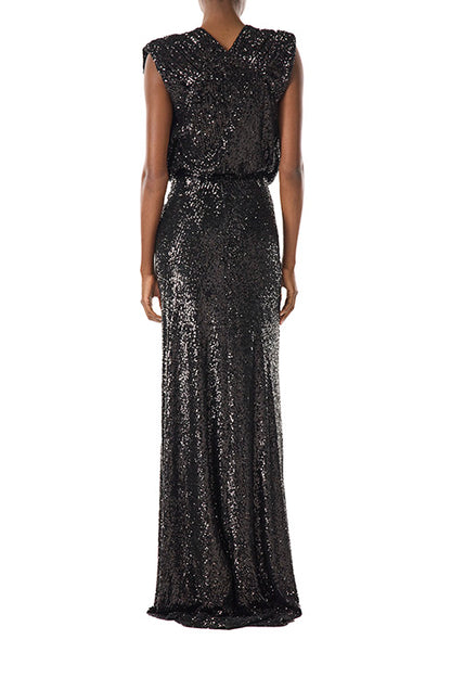 Monique Lhuillier black stretch sequin gown with deep v-neck front.