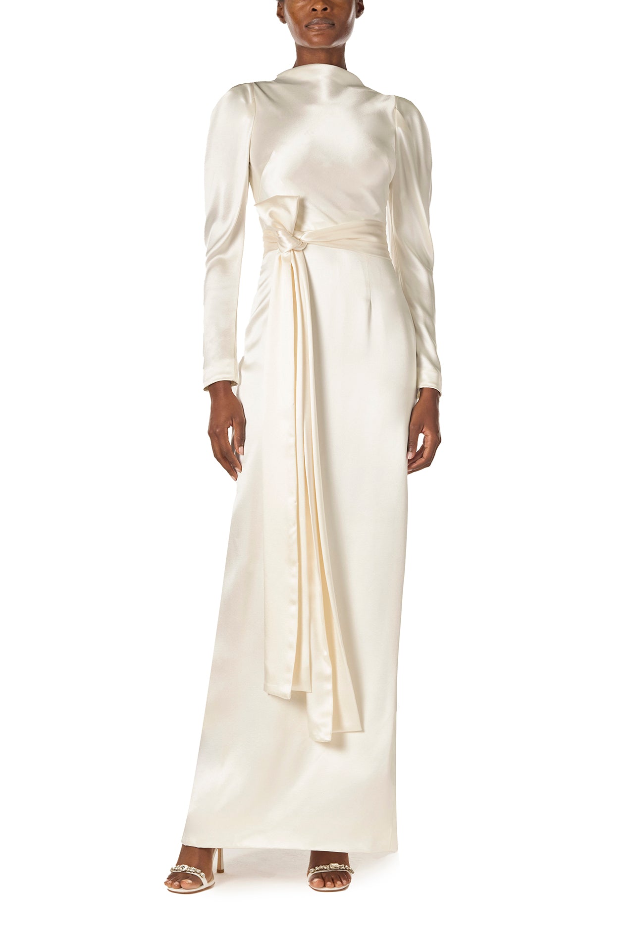 Monique Lhuillier Fall 2024 Long sleeve silk white satin gown with Bateau neckline, V-back and detached self-tie sash - front.