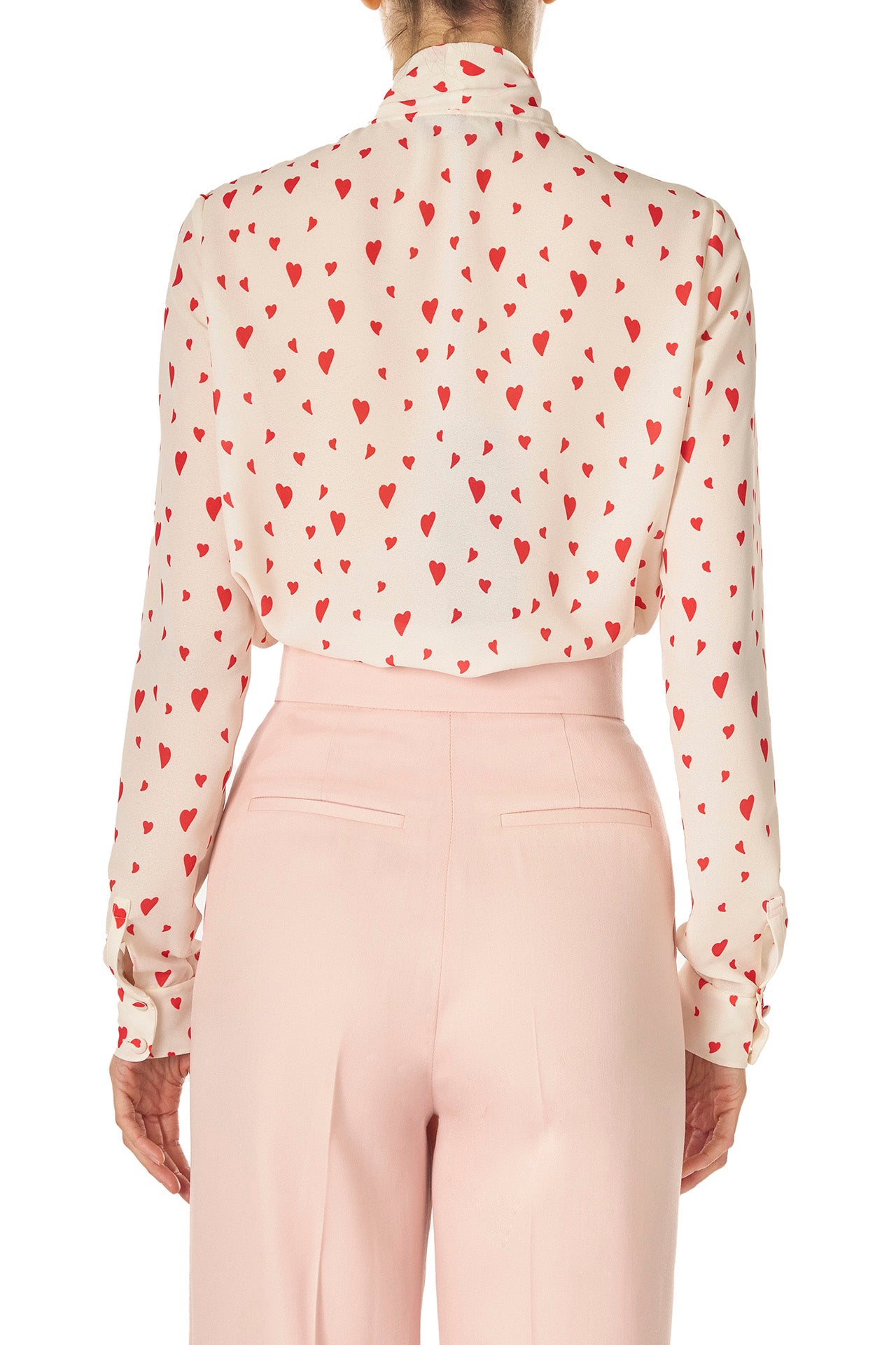 Monique Lhuillier Fall 2024 long sleeve, bow tie blouse in Heart Printed Georgette - back.