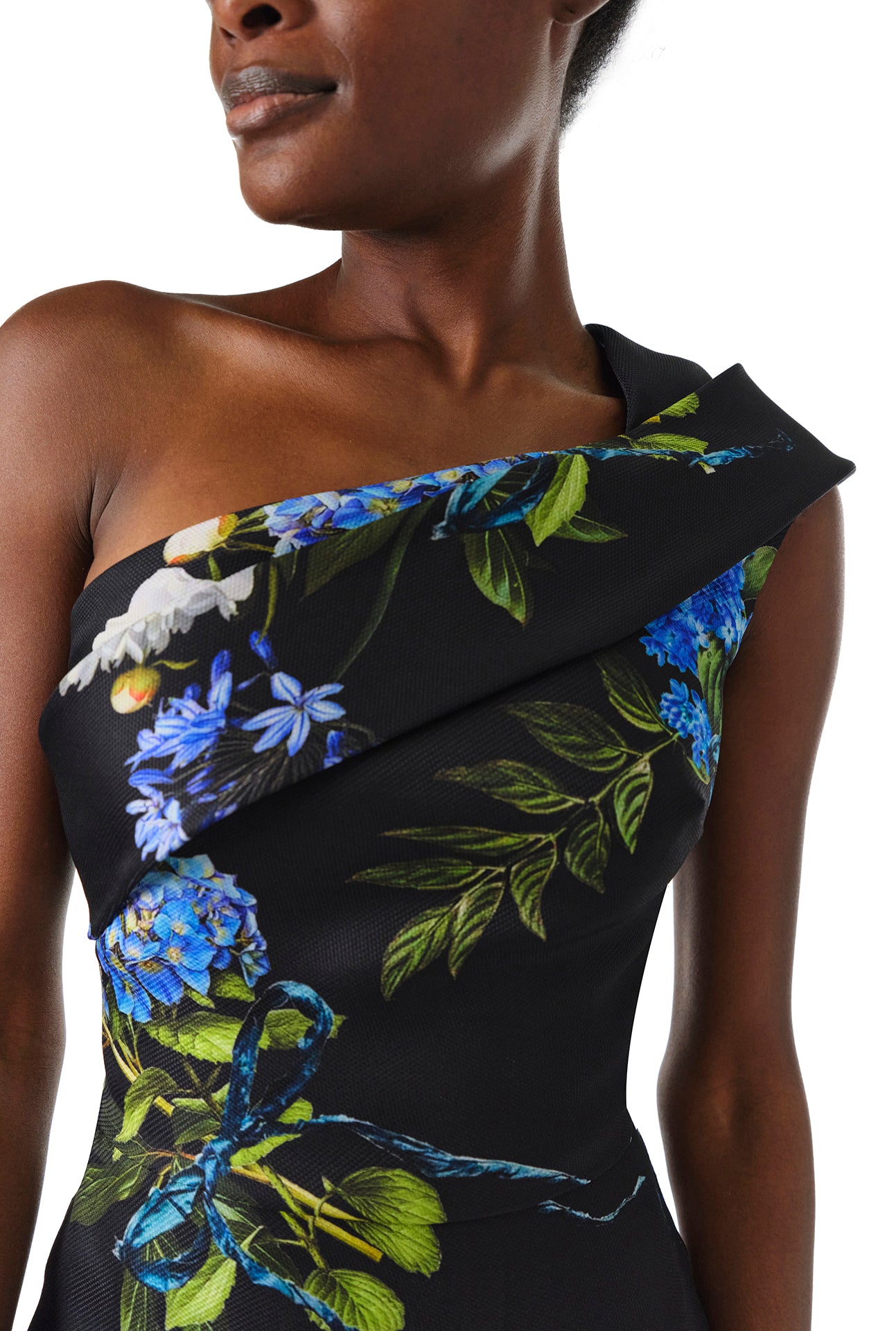 Monique Lhuillier Fall 2024 night sky floral, one shoulder column gown with draped neckline and natural waist seam - neckline.