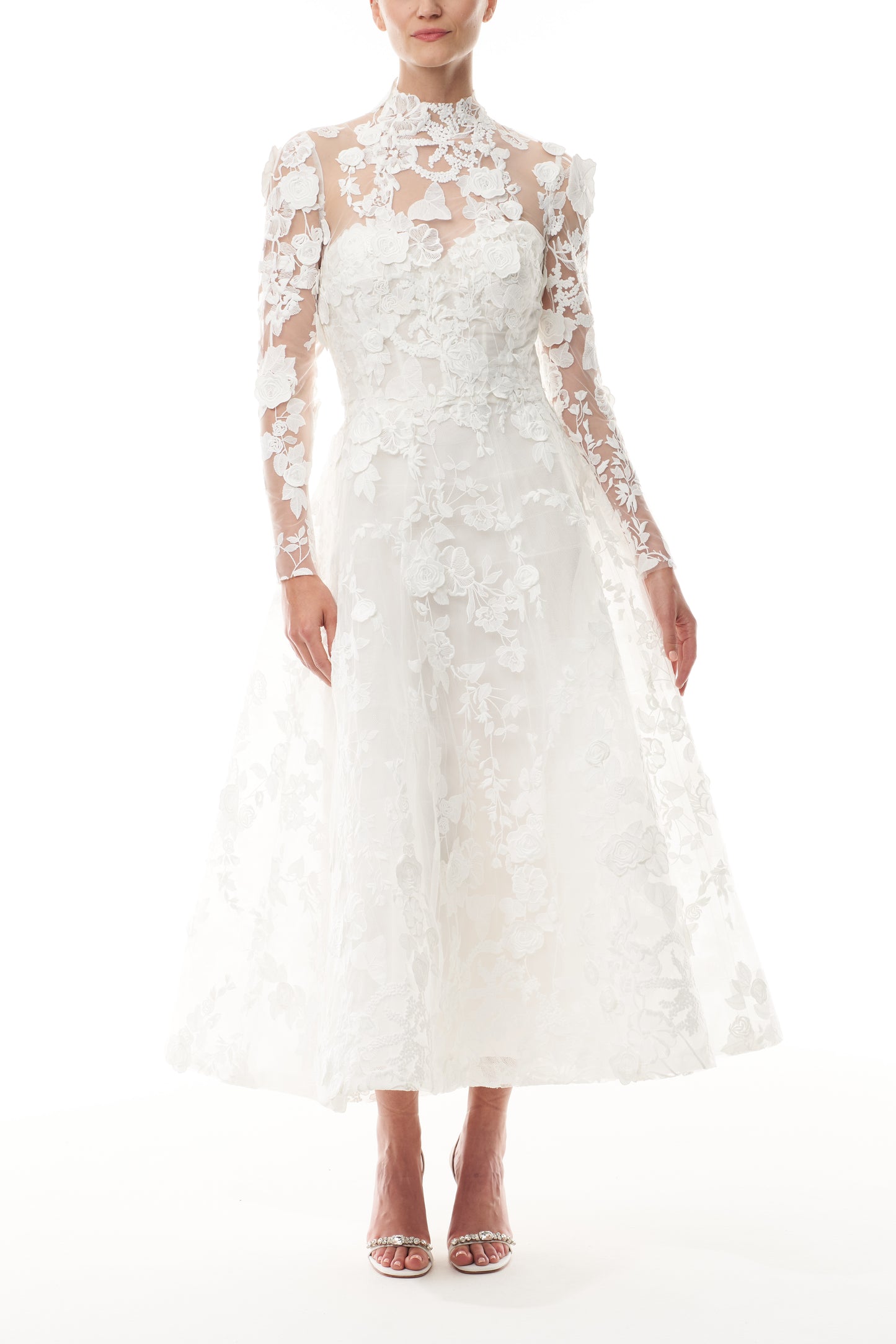 Monique Lhuillier Fall 2024 tea-length, strapless dress in silk white3D lace with full skirt and fitted sweetheart bodice - front with matching long sleeve lace jacket.