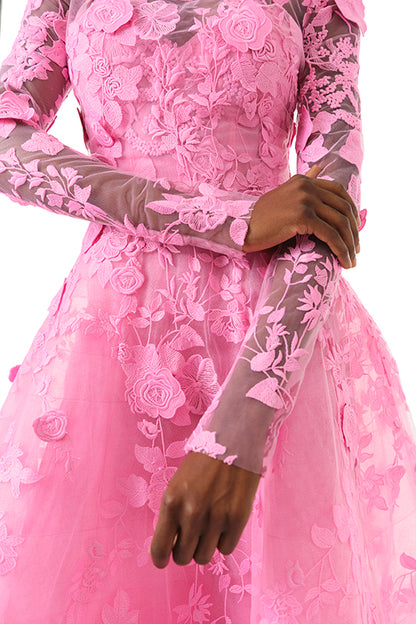 Monique Lhuillier Fall 2024 high neck, long sleeve pink lace jacket with hook and eye closure - sleeves.