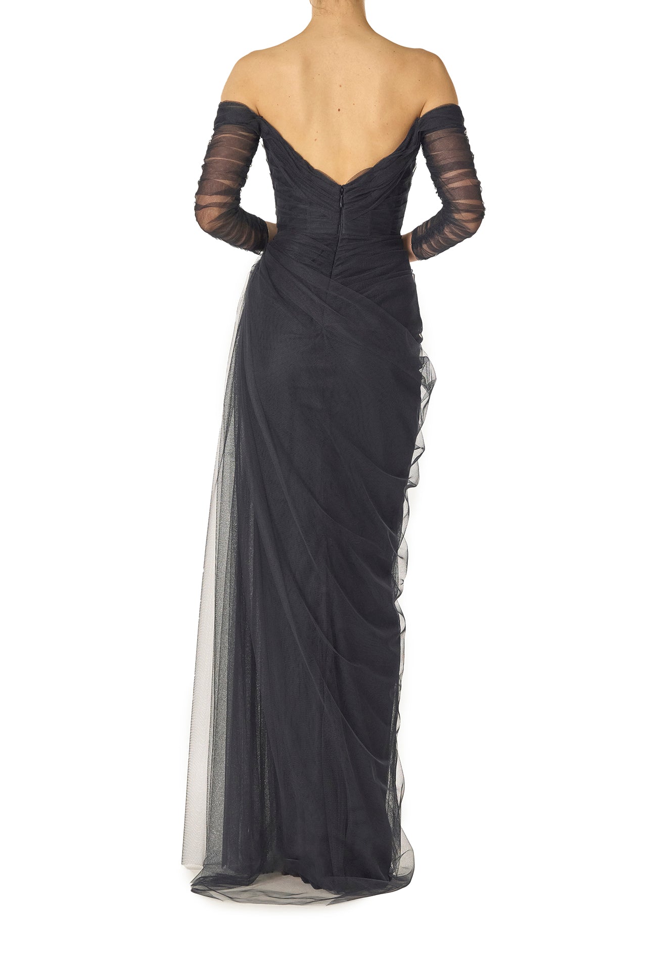 Monique Lhuillier Fall 2024 navy off the shoulder draped tulle gown with sleeves and corset boned bodice - back.