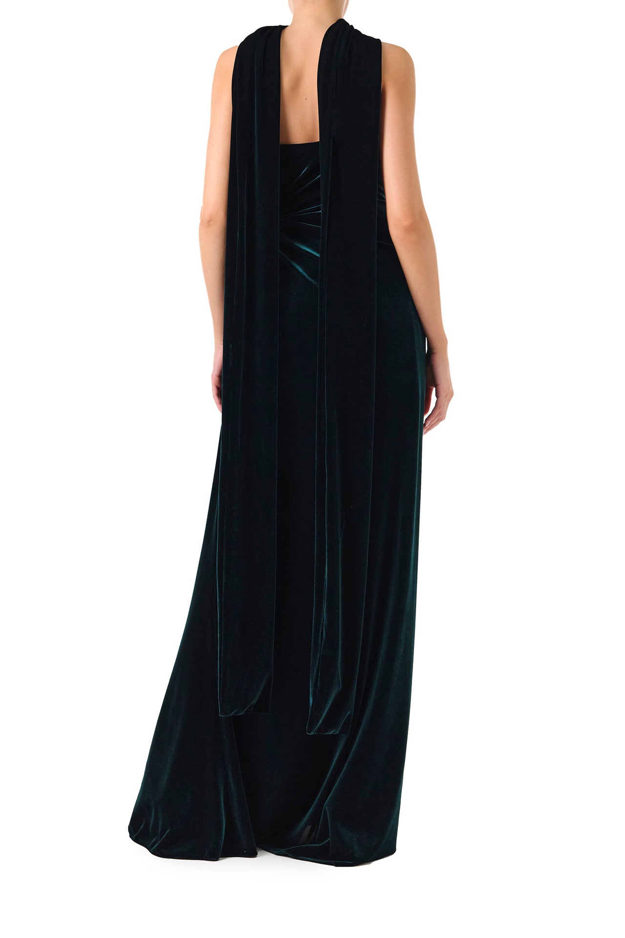 Monique Lhuillier Fall 2024 Strapless, draped column gown with scarf and high leg slit in Dark Teal stretch velour - back.