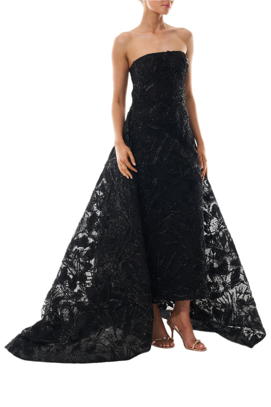 Monique Lhuillier Spring 2025 strapless gown with train in noir embroidery - front.