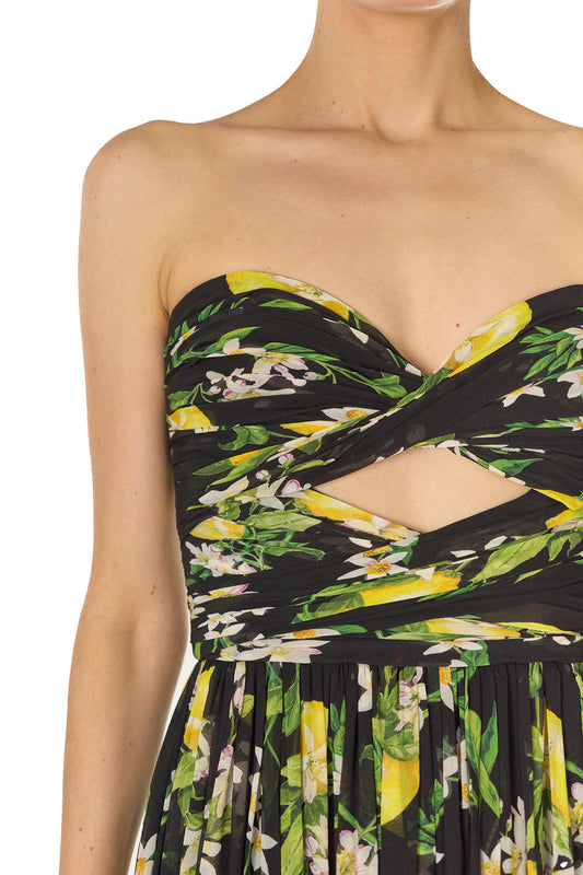 Monique Lhuillier Spring 2025 Strapless gown with draped, cut-out bodice and detached neck scarf in Floral Lemon printed Georgette fabric - bodice detail.