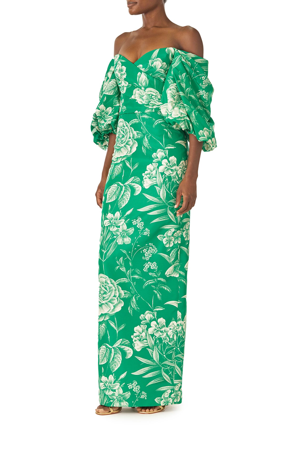 Monique Lhuillier Spring 2025 Off-the-shoulder column gown with blouson sleeves in Grass and Silk White Floral toile printed faille - left side.