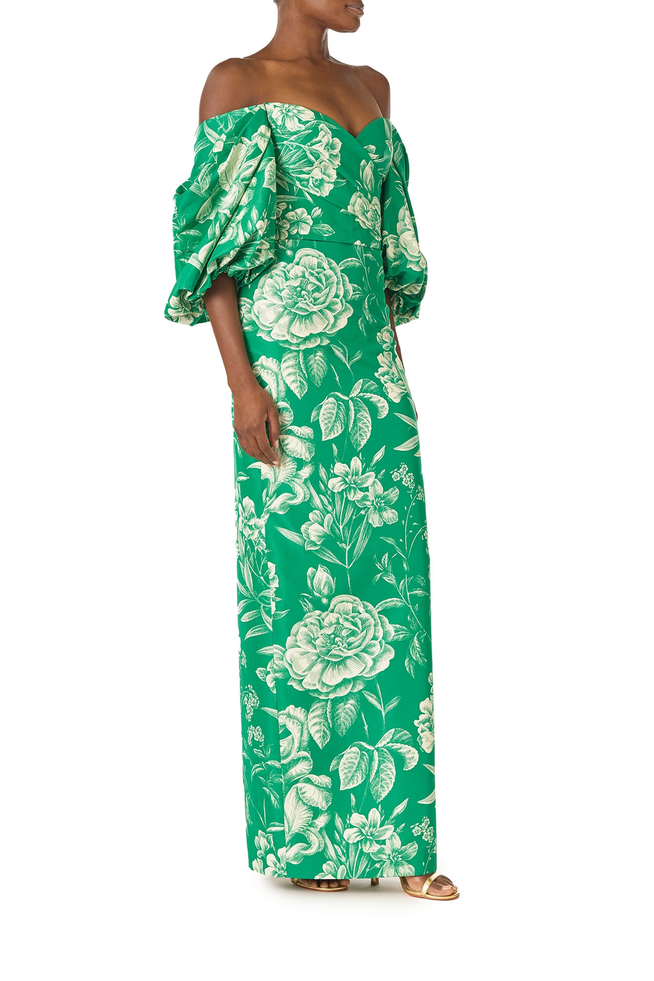 Monique Lhuillier Spring 2025 Off-the-shoulder column gown with blouson sleeves in Grass and Silk White Floral toile printed faille - right side.