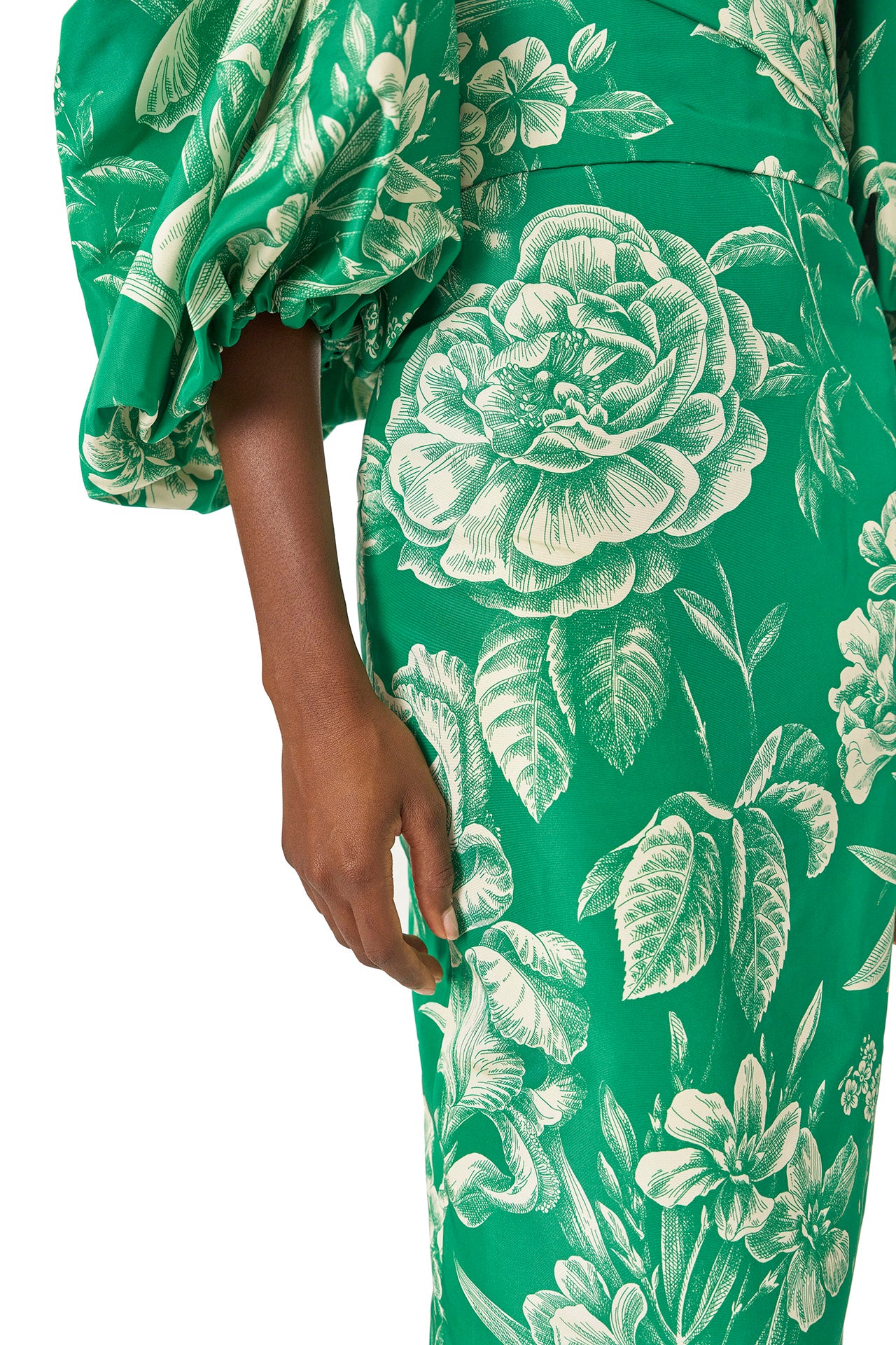 Monique Lhuillier Spring 2025 Off-the-shoulder column gown with blouson sleeves in Grass and Silk White Floral toile printed faille - fabric.