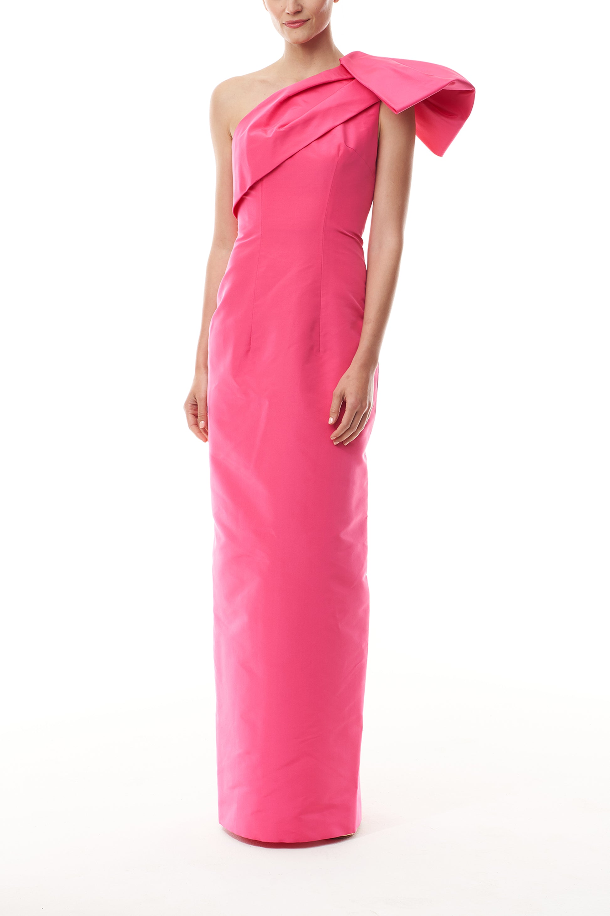 Monique Lhuillier Spring 2025 hot pink silk faille gown with one shoulder bow detail - front.