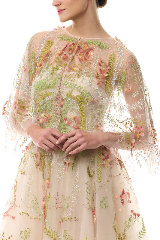 Monique Lhuillier Spring 2025 tulle capelet in Prosecco Multi colored embroidered tulle - front.
