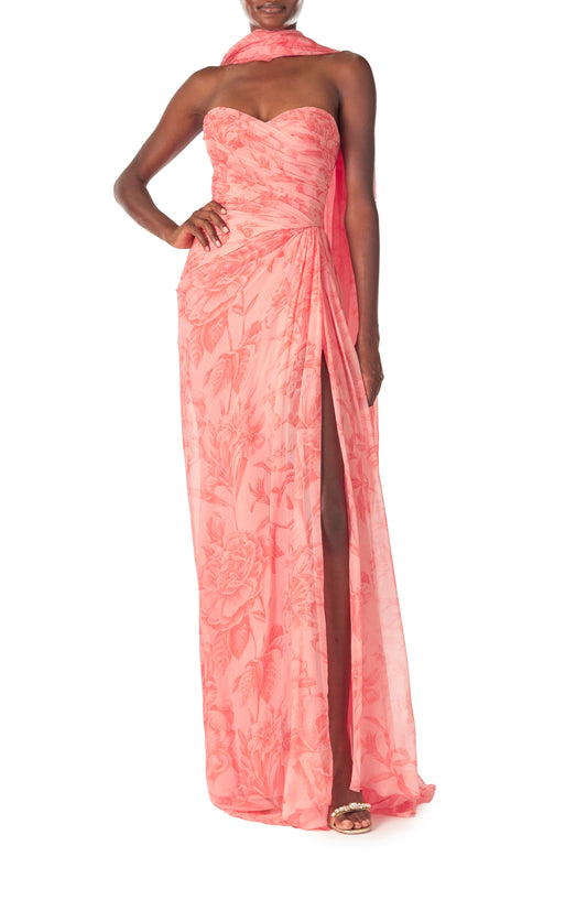 Monique Lhuillier Spring 2025 Strapless floral chiffon gown with draped, sweetheart neckline and detached neck scarf in Rosette Coral color - front.