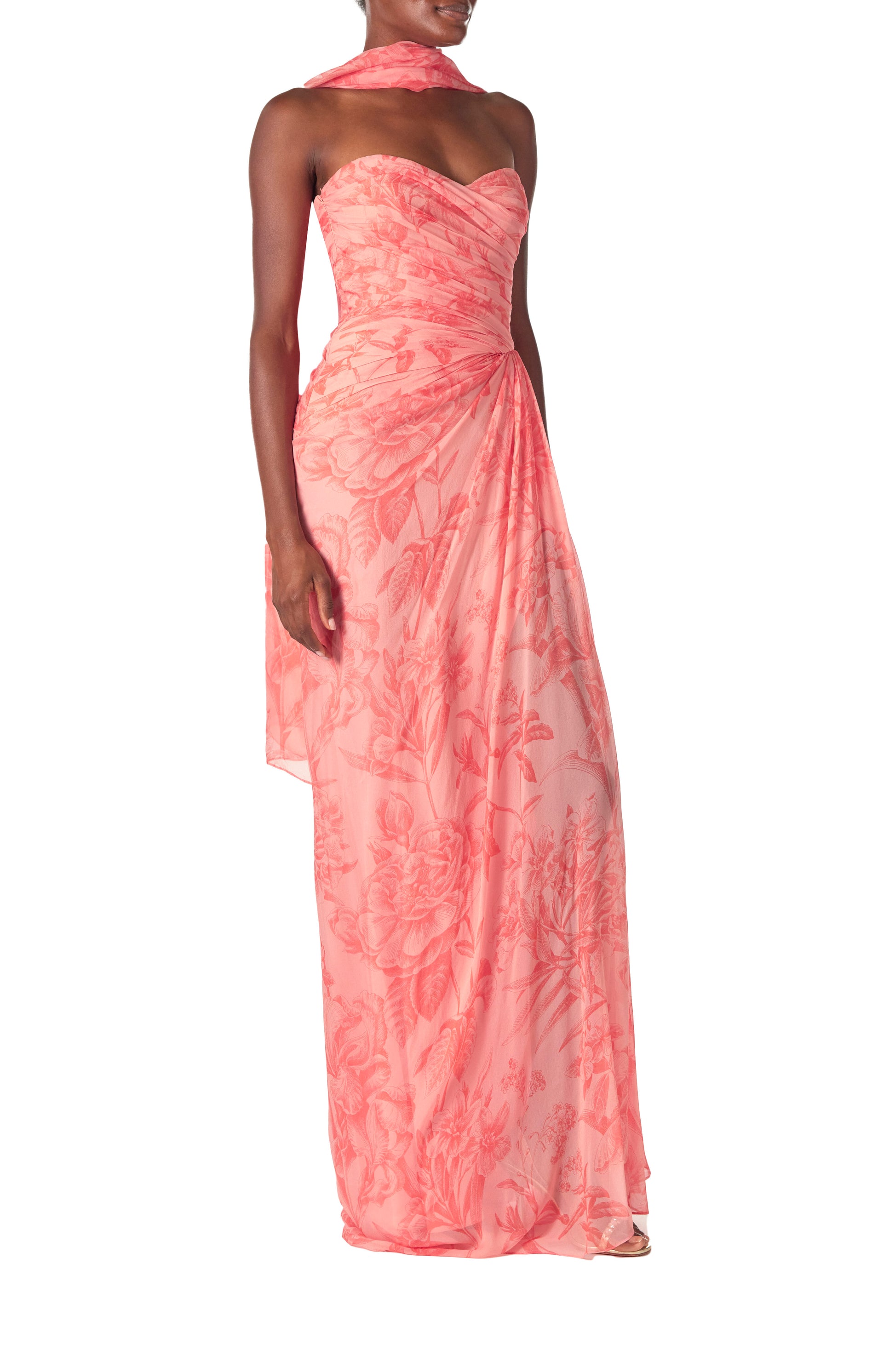 Monique Lhuillier Spring 2025 Strapless floral chiffon gown with draped, sweetheart neckline and detached neck scarf in Rosette Coral color - right side.