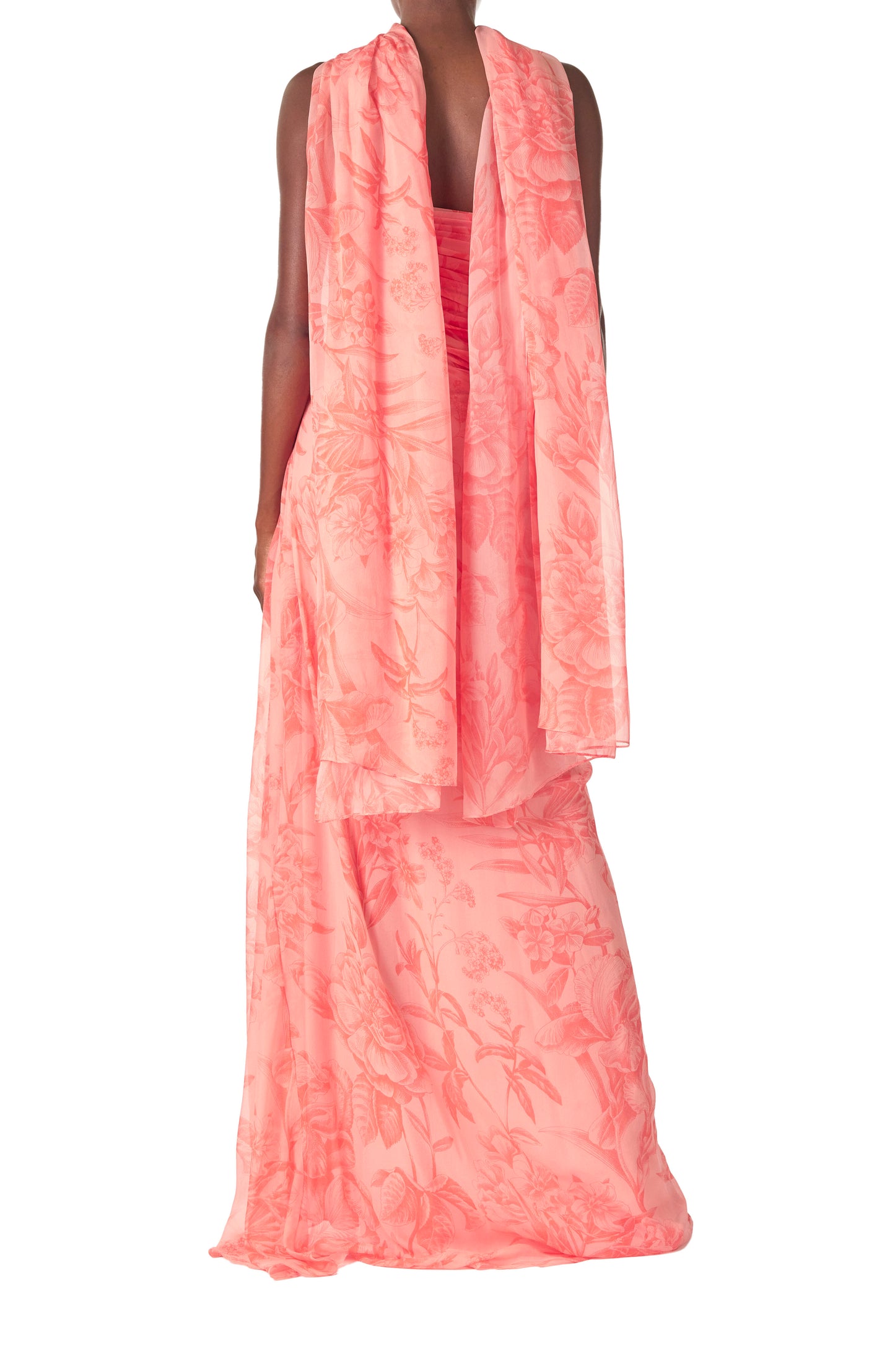 Monique Lhuillier Spring 2025 Strapless floral chiffon gown with draped, sweetheart neckline and detached neck scarf in Rosette Coral color - back with scarf.