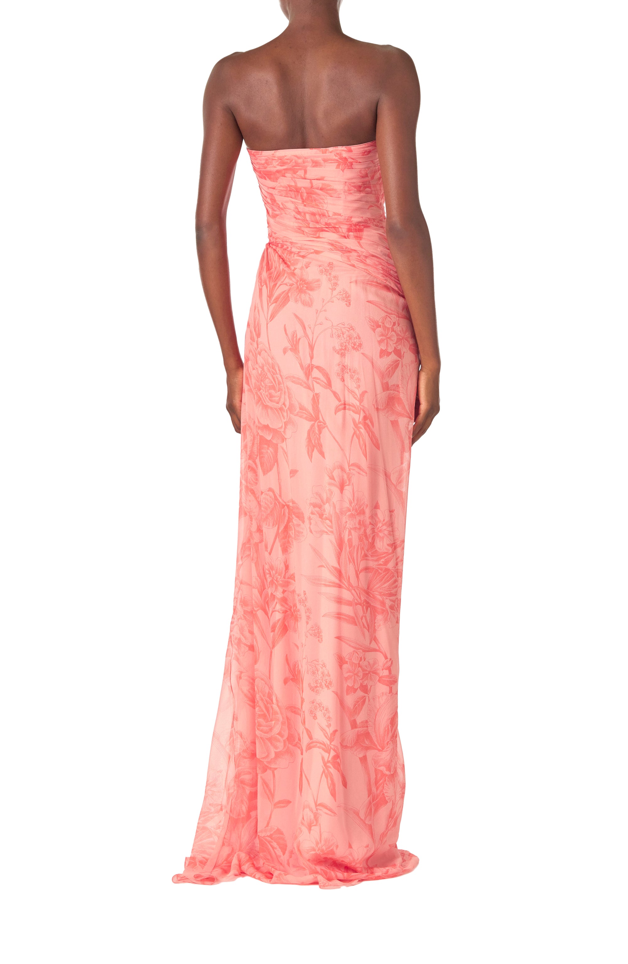 Monique Lhuillier Spring 2025 Strapless floral chiffon gown with draped, sweetheart neckline and detached neck scarf in Rosette Coral color - back without scarf.