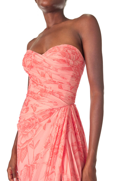 Monique Lhuillier Spring 2025 Strapless floral chiffon gown with draped, sweetheart neckline and detached neck scarf in Rosette Coral color - fabric.