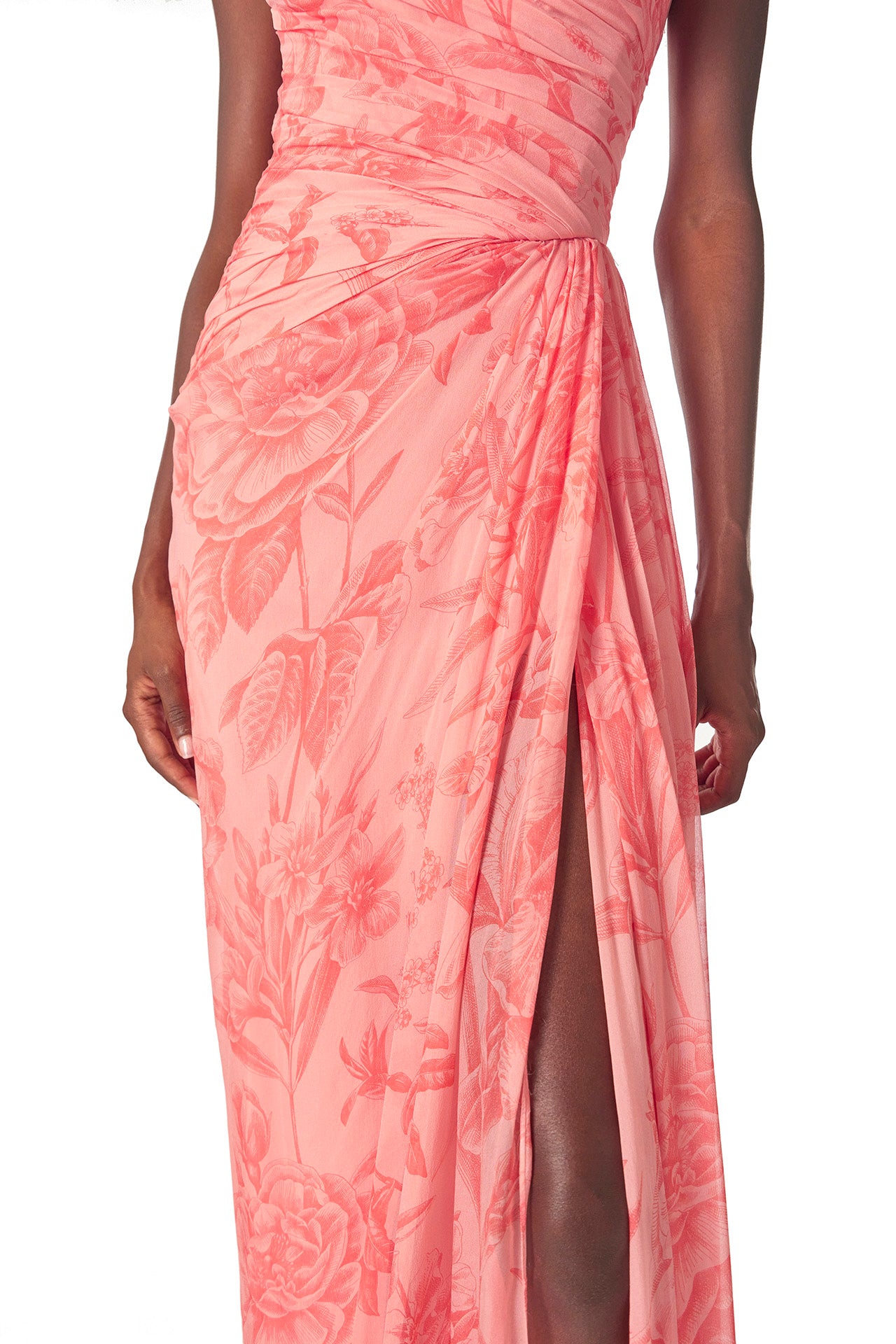 Monique Lhuillier Spring 2025 Strapless floral chiffon gown with draped, sweetheart neckline and detached neck scarf in Rosette Coral color - front leg slit.