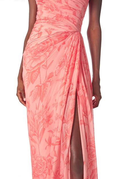 Monique Lhuillier Spring 2025 Strapless floral chiffon gown with draped, sweetheart neckline and detached neck scarf in Rosette Coral color - front leg slit.