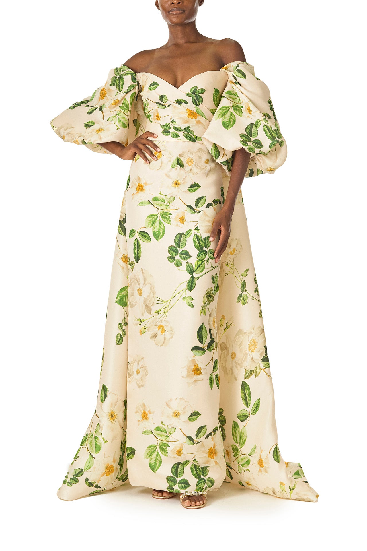Monique Lhuillier Spring 2025 Strapless, rose printed gazar column gown with sweetheart neckline and draped bodice - front with detached blouson sleeve cape sold separately.