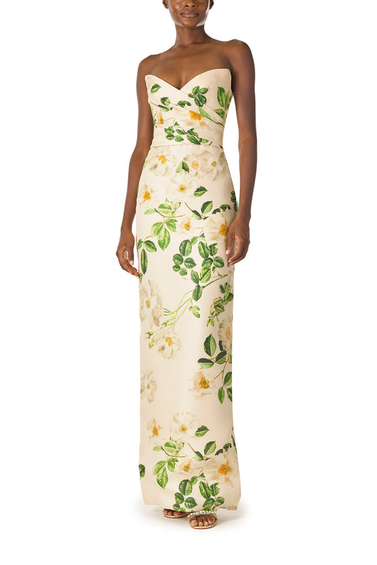Monique Lhuillier Spring 2025 Strapless, rose printed gazar column gown with sweetheart neckline and draped bodice - front.