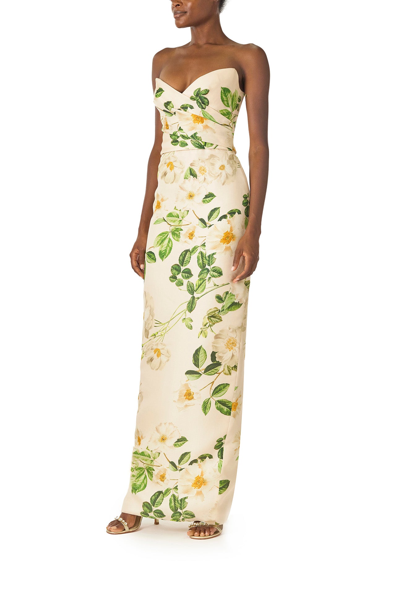 Monique Lhuillier Spring 2025 Strapless, rose printed gazar column gown with sweetheart neckline and draped bodice - left side.
