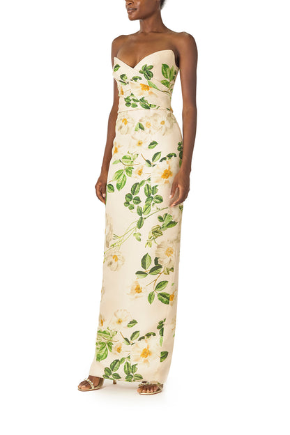 Monique Lhuillier Spring 2025 Strapless, rose printed gazar column gown with sweetheart neckline and draped bodice - left side.