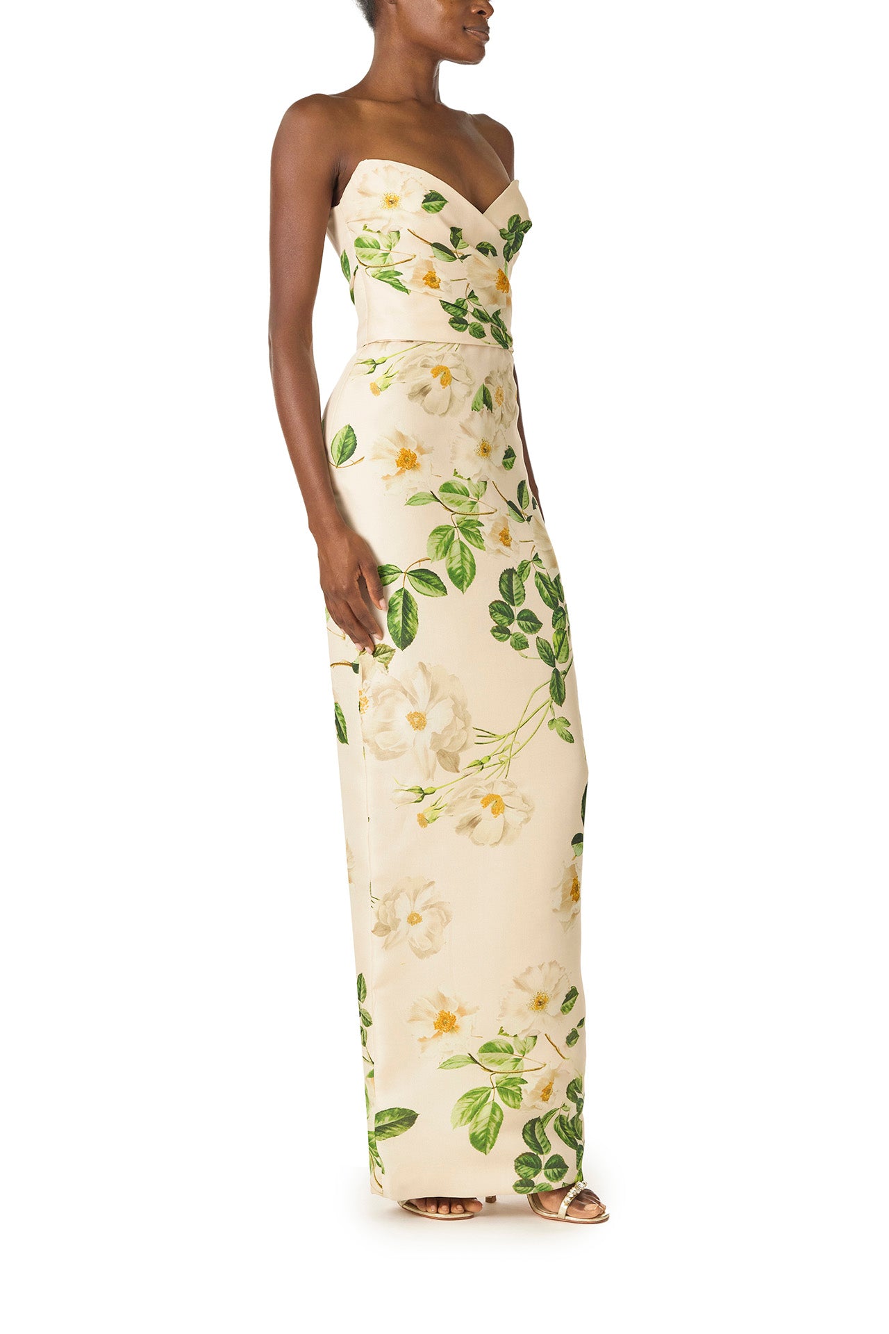 Monique Lhuillier Spring 2025 Strapless, rose printed gazar column gown with sweetheart neckline and draped bodice - right side.