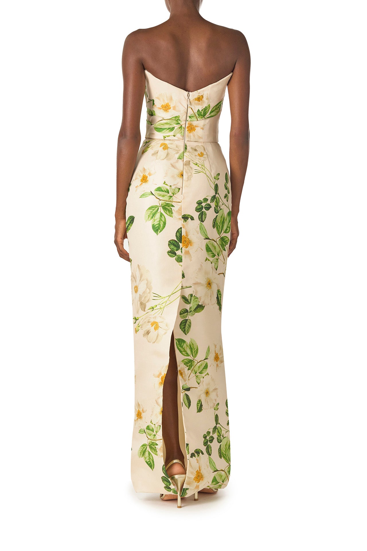 Monique Lhuillier Spring 2025 Strapless, rose printed gazar column gown with sweetheart neckline and draped bodice - back.