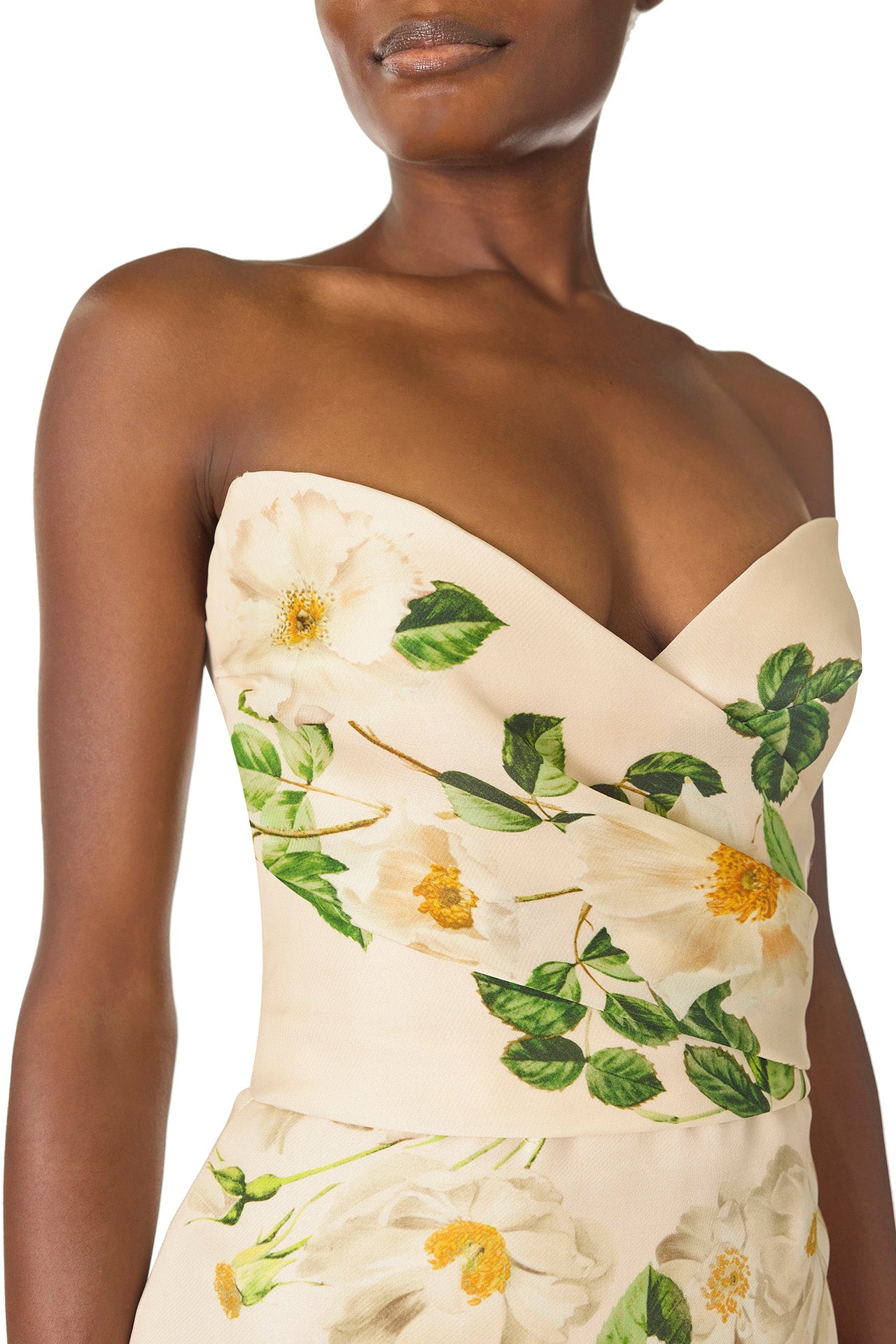 Monique Lhuillier Spring 2025 Strapless, rose printed gazar column gown with sweetheart neckline and draped bodice - bodice.