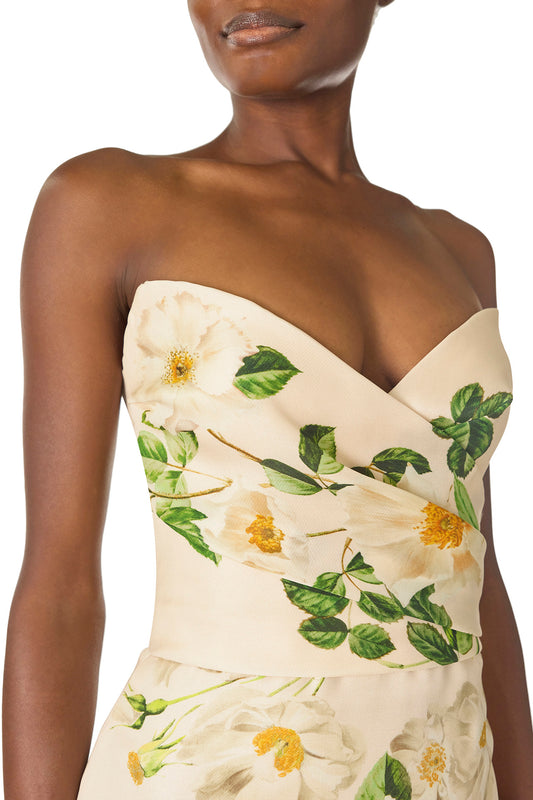 Monique Lhuillier Spring 2025 Strapless, rose printed gazar column gown with sweetheart neckline and draped bodice - bodice.
