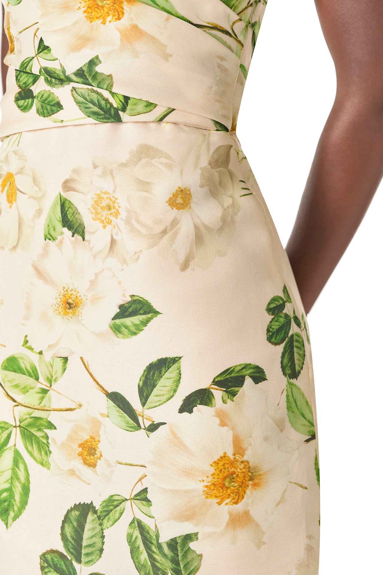 Monique Lhuillier Spring 2025 Strapless, rose printed gazar column gown with sweetheart neckline and draped bodice - fabric.