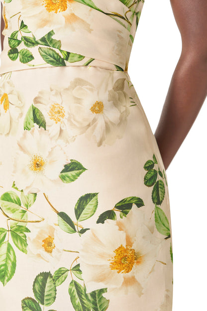 Monique Lhuillier Spring 2025 Strapless, rose printed gazar column gown with sweetheart neckline and draped bodice - fabric.
