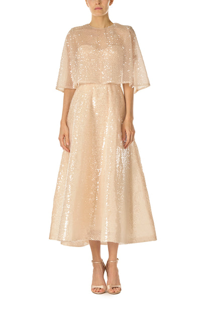 Monique Lhuillier Spring 2025 prosecco colored sequin capelet - front.