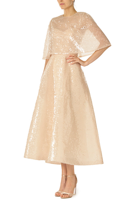 Monique Lhuillier Spring 2025 prosecco colored sequin capelet - side.