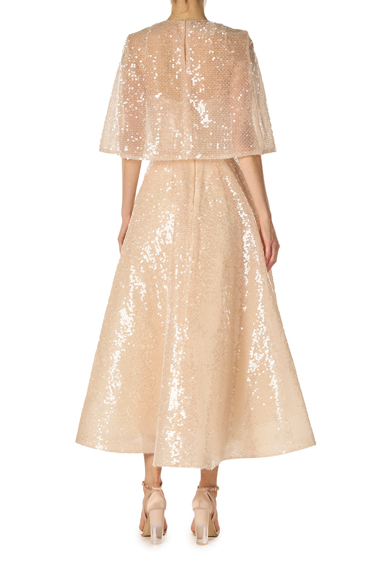 Monique Lhuillier Spring 2025 prosecco colored sequin capelet - back.
