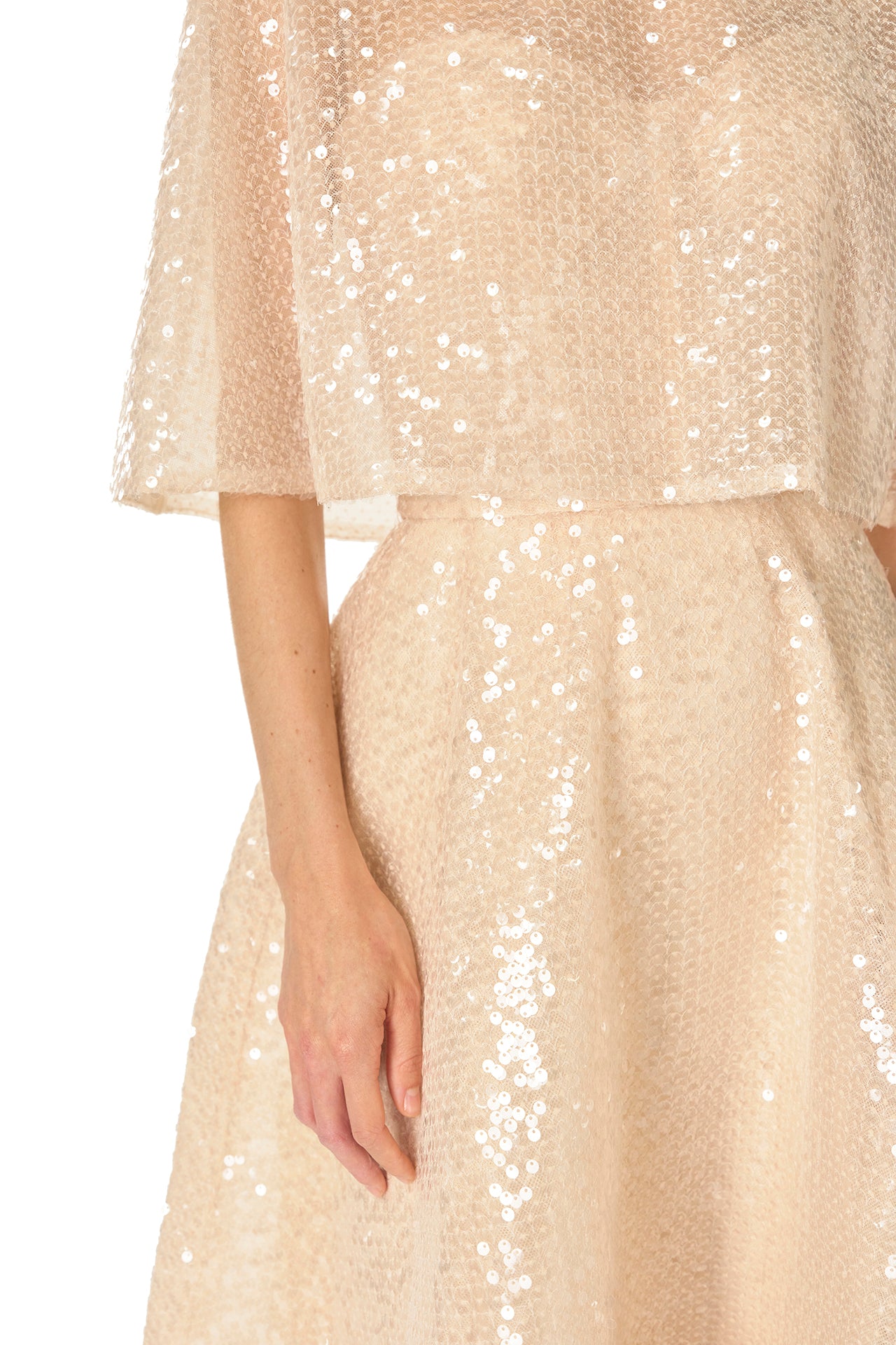 Monique Lhuillier Spring 2025 prosecco colored sequin capelet - fabric.