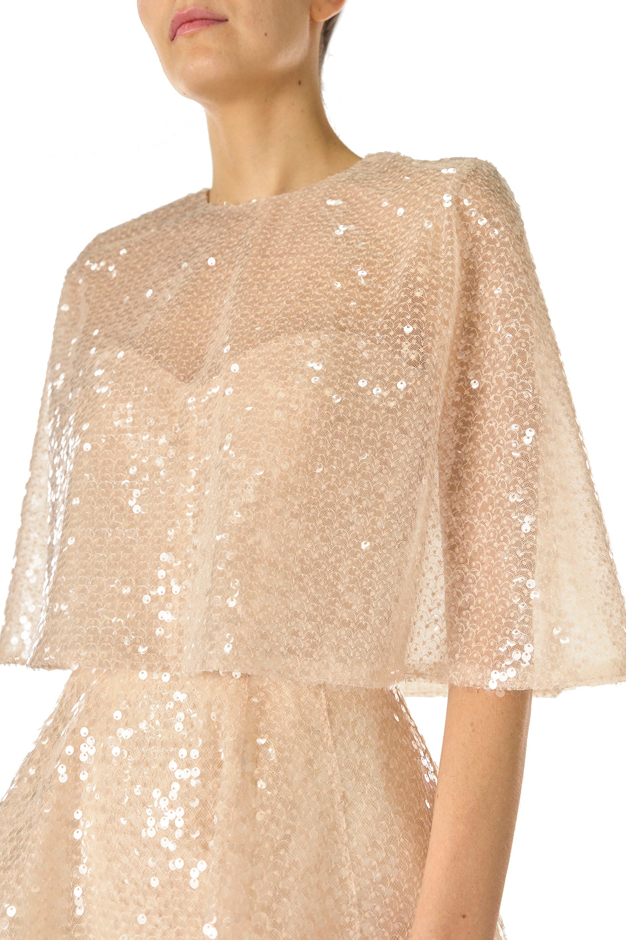 Monique Lhuillier Spring 2025 prosecco colored sequin capelet - fabric.