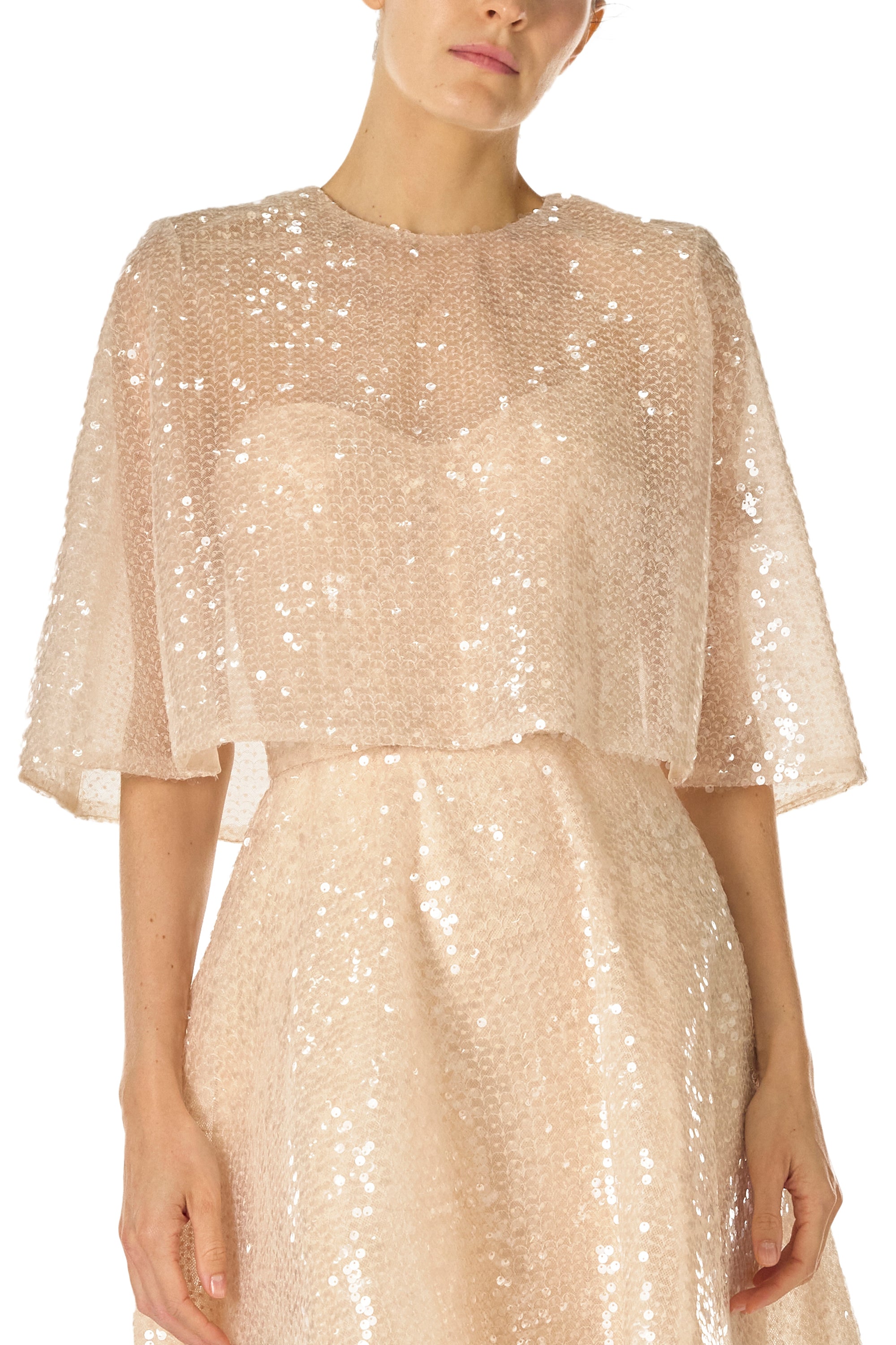 Monique Lhuillier Spring 2025 prosecco colored sequin capelet - front.