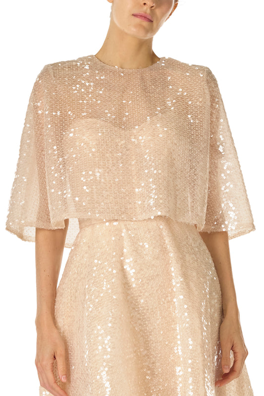 Monique Lhuillier Spring 2025 prosecco colored sequin capelet - front.