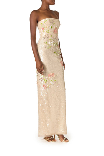 Monique Lhuillier Spring 2025 Strapless, column gown in all-over prosecco colored, floral embroidered sequins - right side.