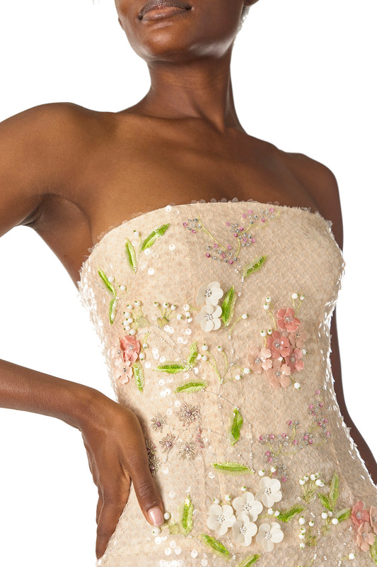 Monique Lhuillier Spring 2025 Strapless, column gown in all-over prosecco colored, floral embroidered sequins - fabric detail.