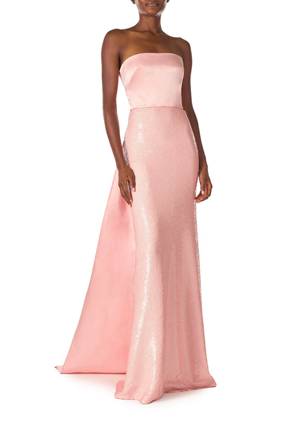 Monique Lhuillier Spring 2025 Strapless sequin column gown with satin bodice and floor length train in Rosette color - front.