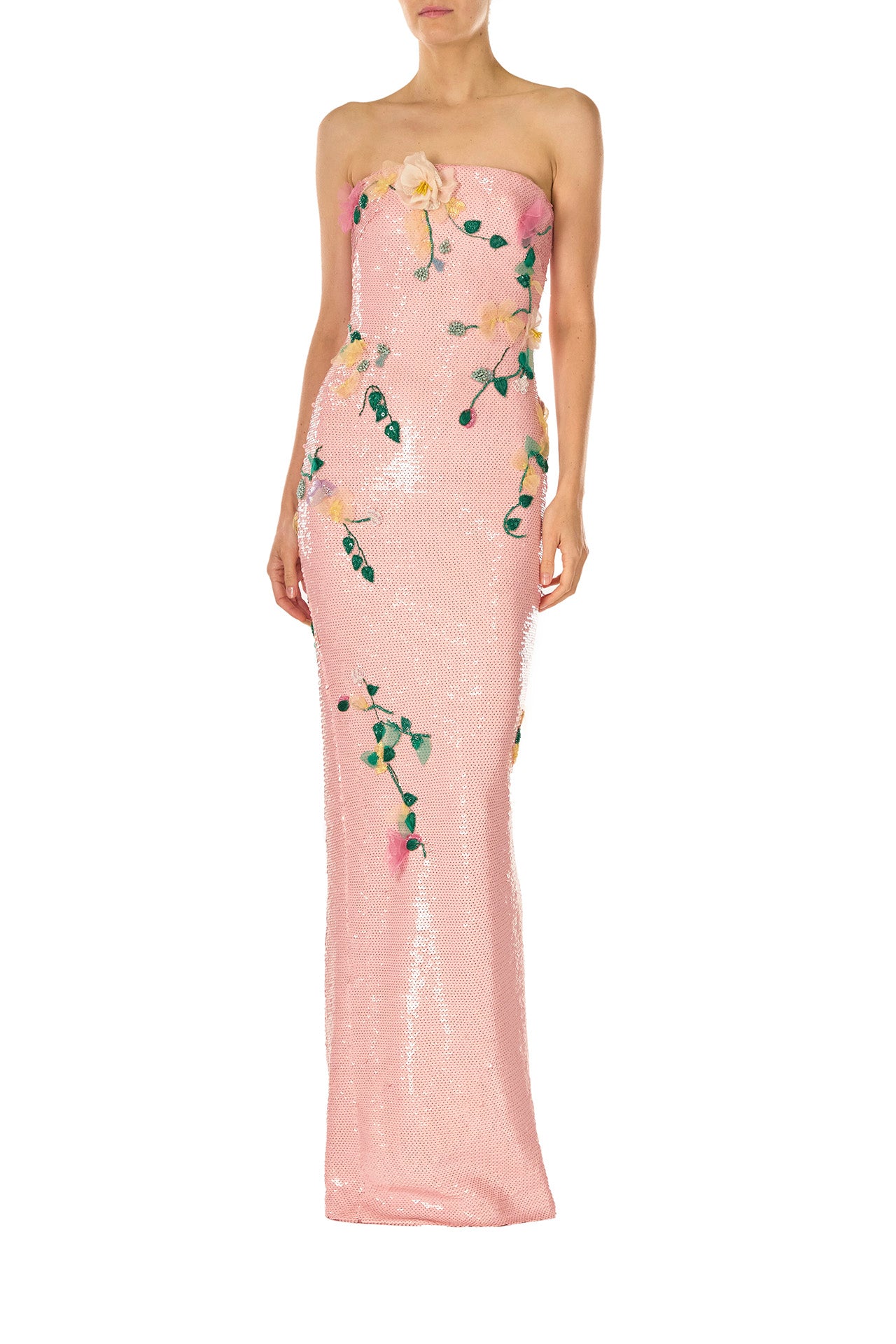 Monique Lhuillier Spring 2025 Strapless column gown in Rosette floral embroidered sequins - front.