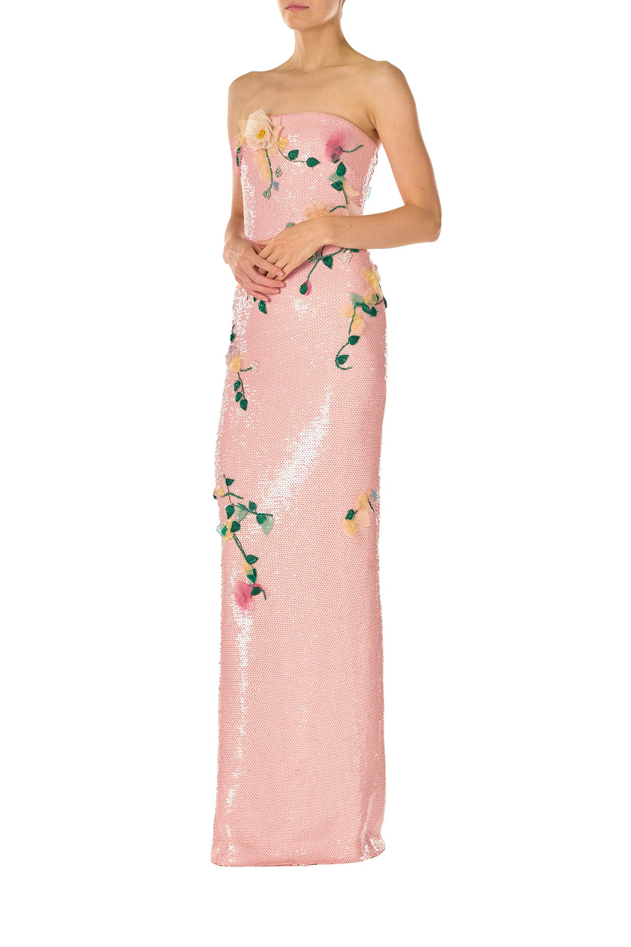 Monique Lhuillier Spring 2025 Strapless column gown in Rosette floral embroidered sequins - left side.
