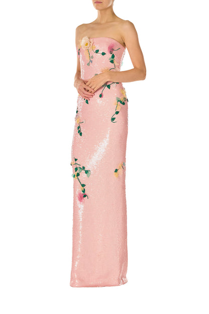 Monique Lhuillier Spring 2025 Strapless column gown in Rosette floral embroidered sequins - left side.